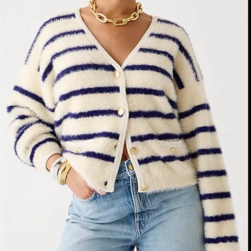 J. Crew Cream and Navy Fuzzy Striped V-Neck Cardigan with Gold Buttons